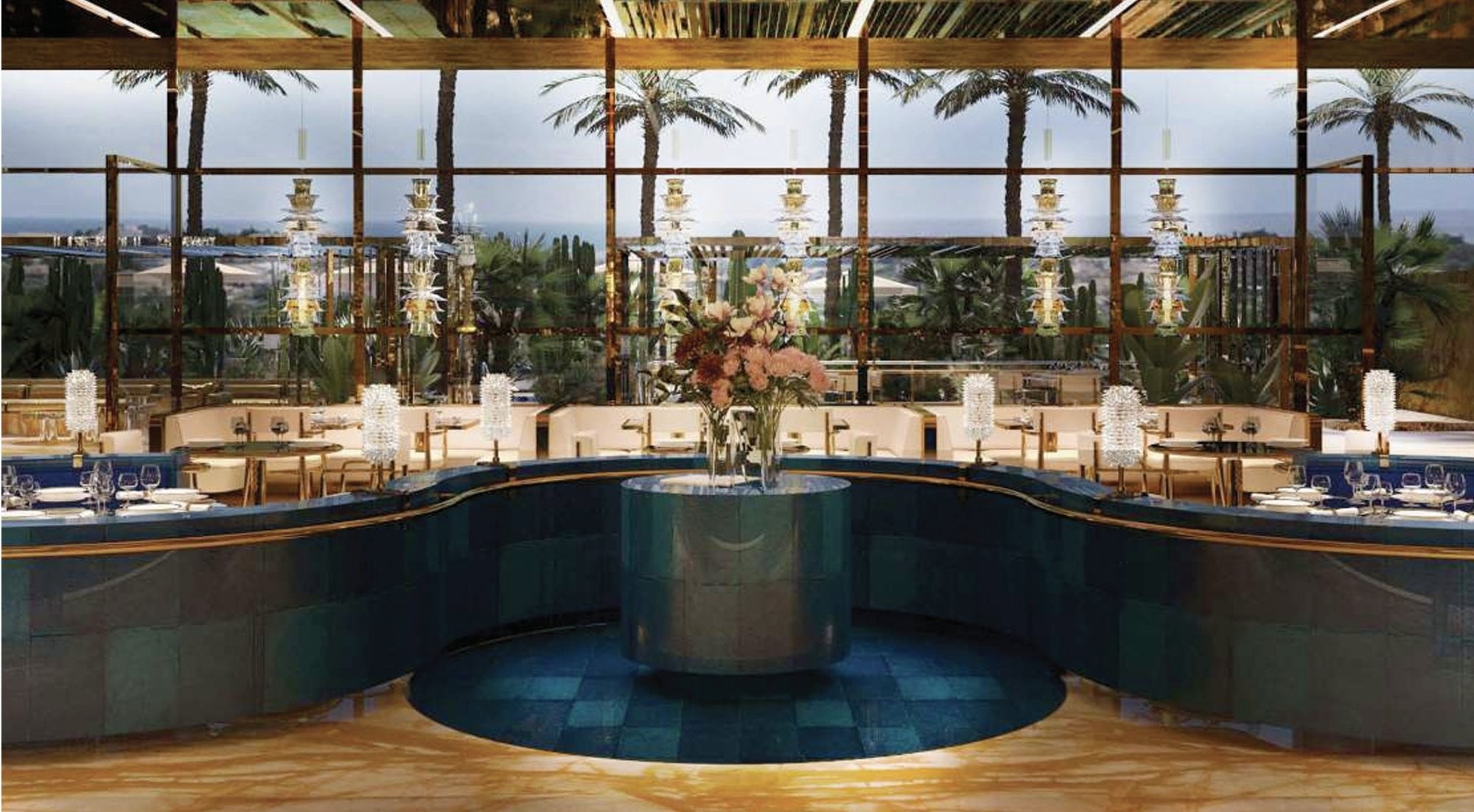 Bar and restaurant with crystal chandelier