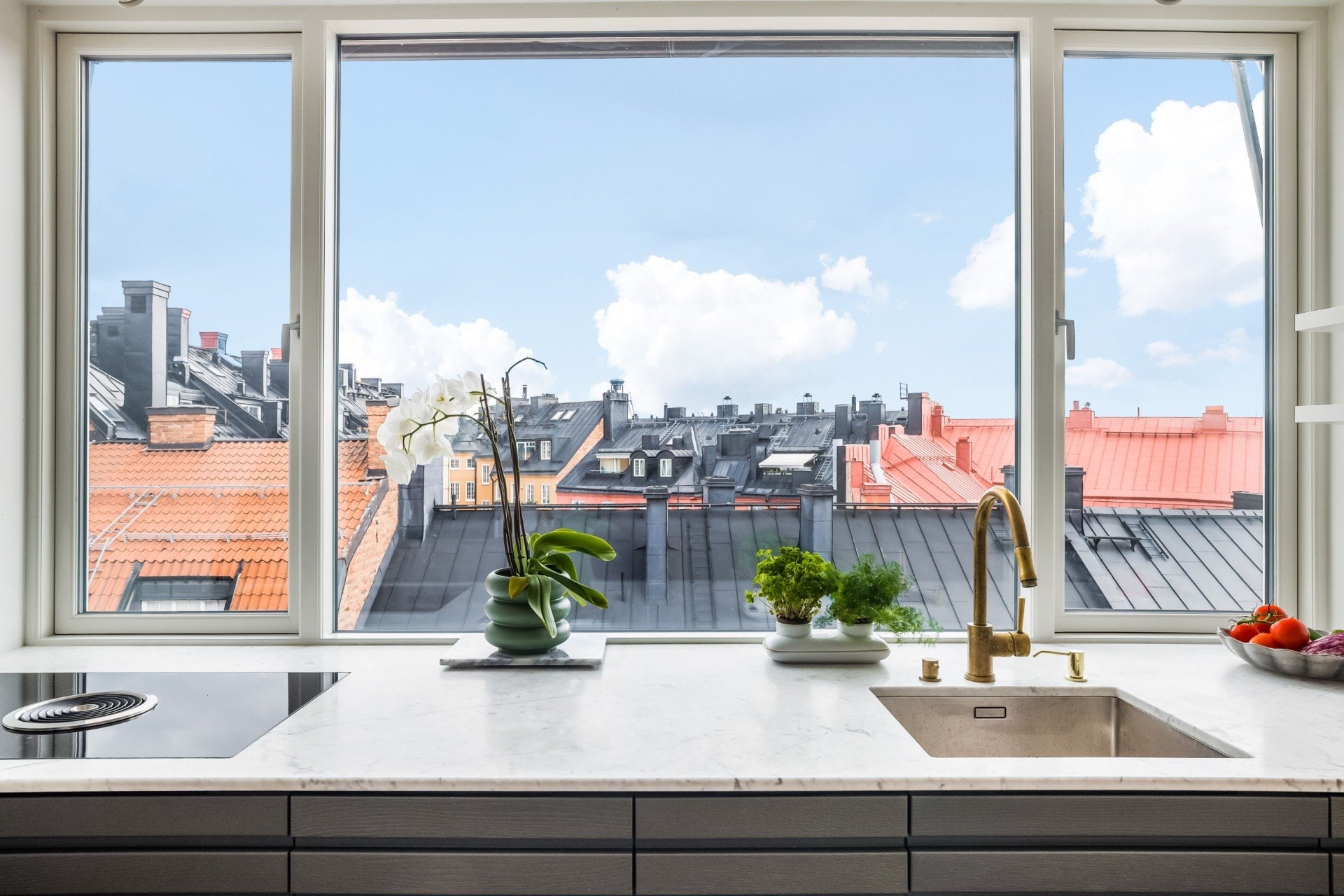 Modern kitchen overlooking Stockholm rooftops